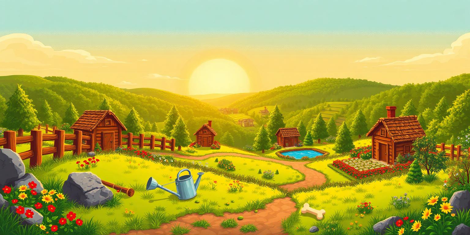 A pixel-art garden at sunrise with pupp houses, flower beds, a pond and distant hills