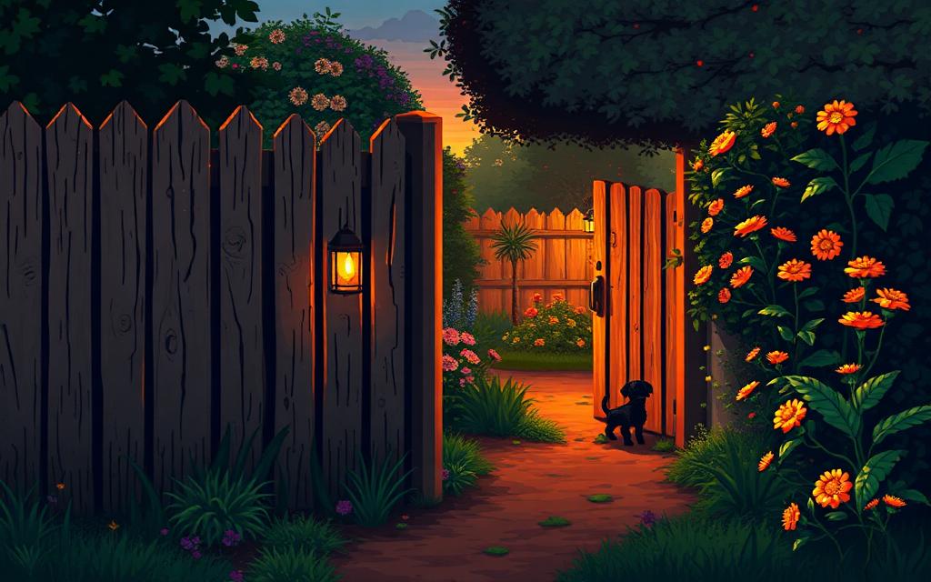Pixel-art sunset behind a wooden garden fence
