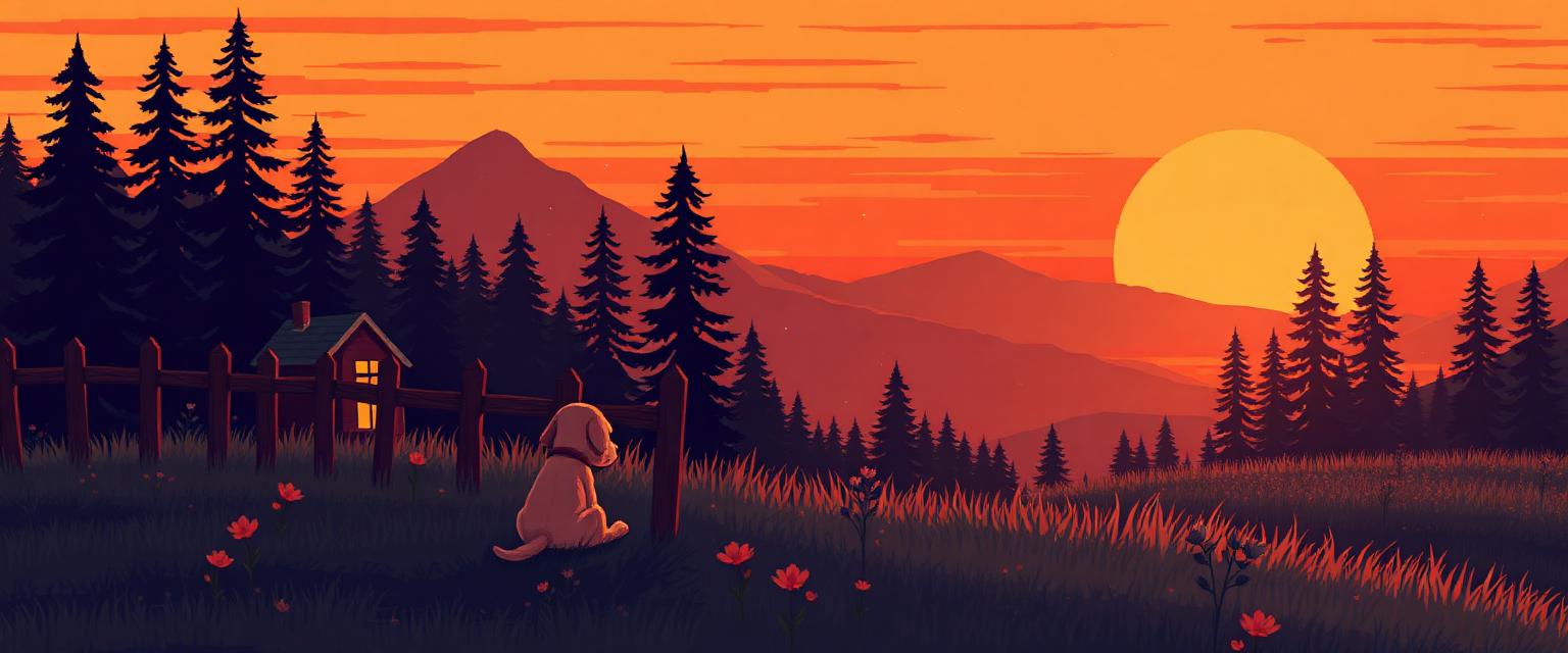 A Pupp sitting beside a wooden fence, watching the sunset over the Garden