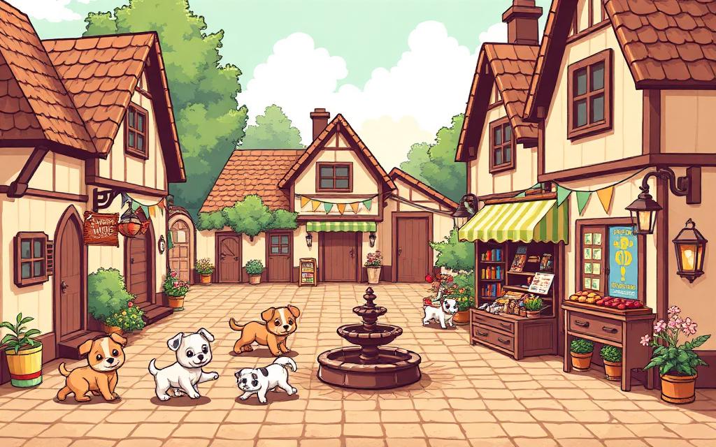 Pixel-art pupp village with many pupps, houses and market stalls